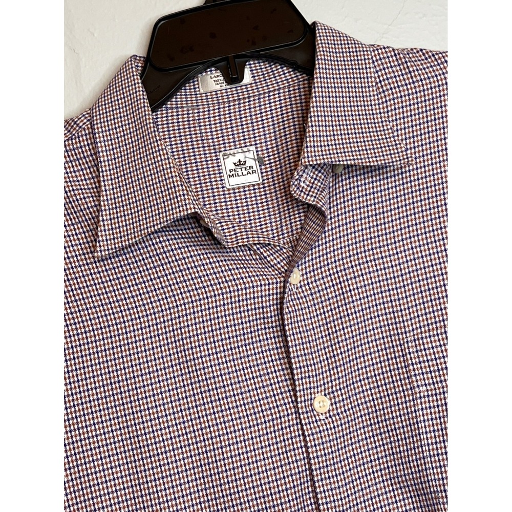 Peter Millar Mens Large Tall Houndstooth Cotton Button Down Shirt Purple Brown